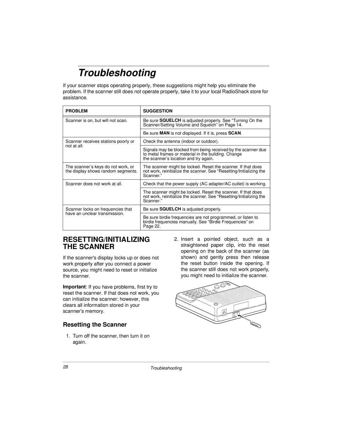 Radio Shack 20-423 owner manual Troubleshooting, RESETTING/INITIALIZING the Scanner, Resetting the Scanner 