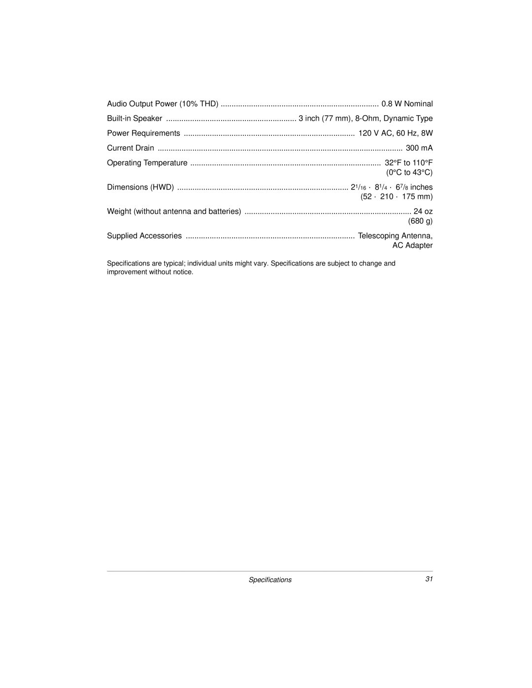 Radio Shack 20-423 owner manual Nominal 