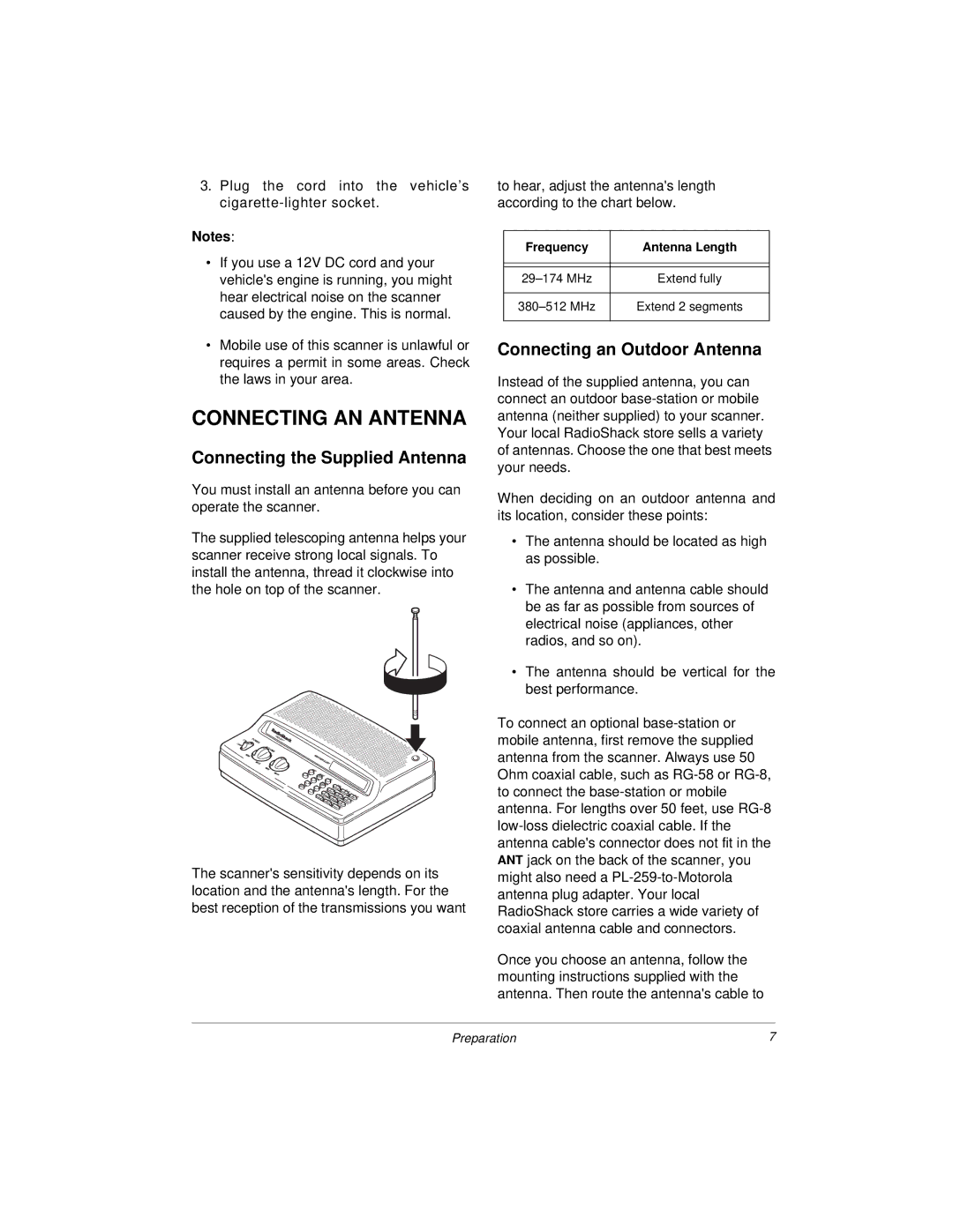 Radio Shack 20-423 owner manual Connecting AN Antenna, Connecting the Supplied Antenna, Connecting an Outdoor Antenna 