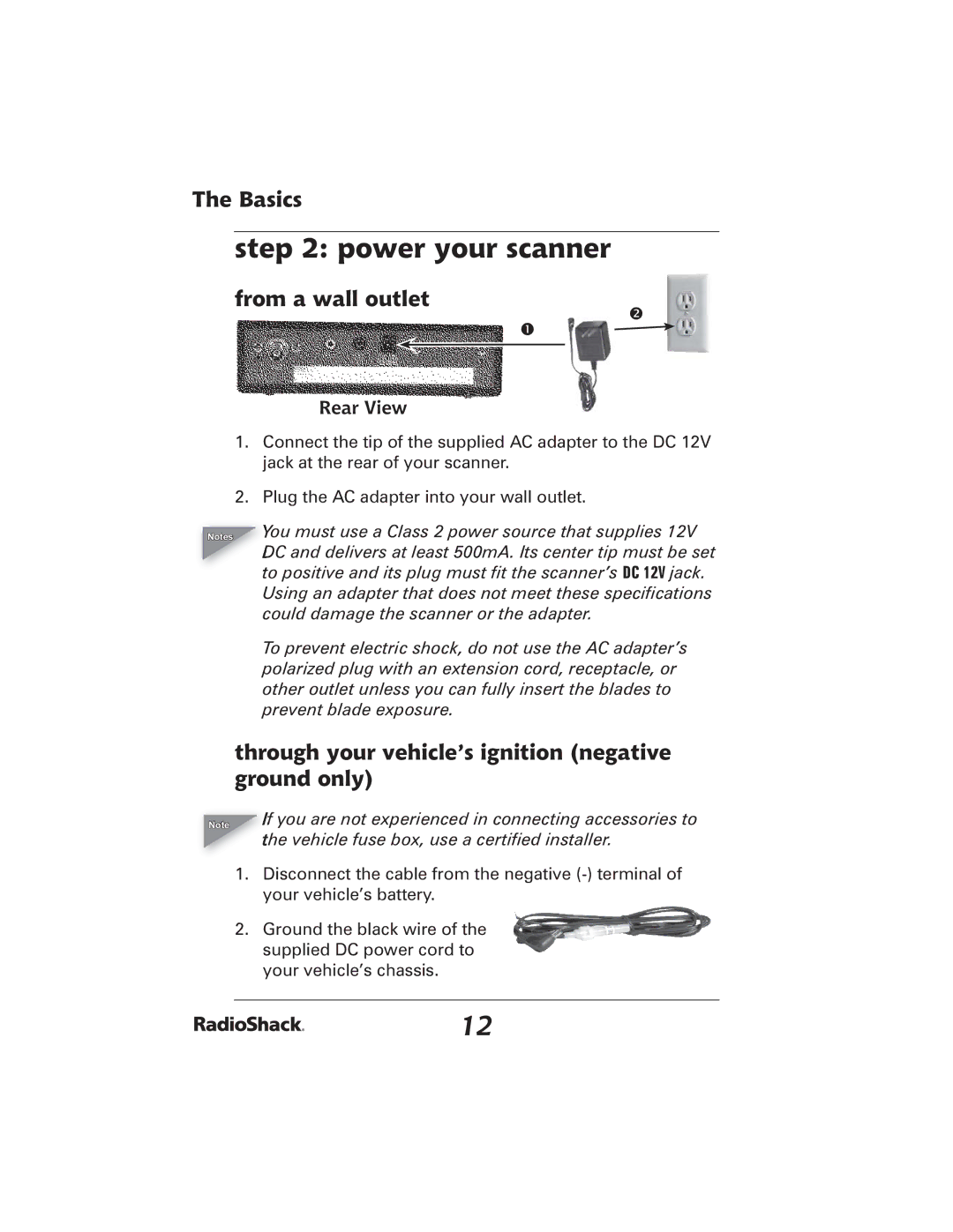 Radio Shack 20-426 manual Power your scanner, From a wall outlet, Through your vehicle’s ignition negative ground only 