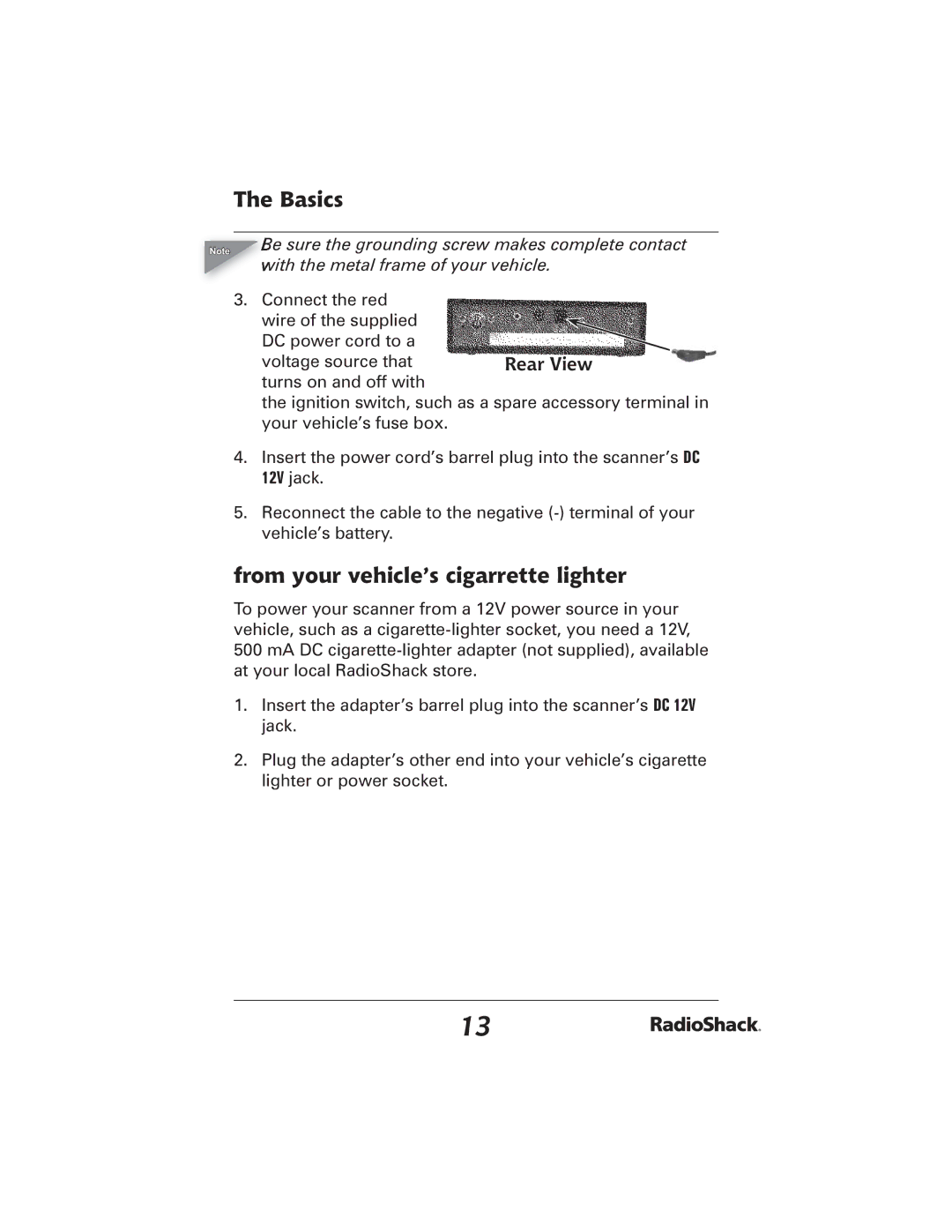 Radio Shack 20-426 manual From your vehicle’s cigarrette lighter, Rear View 