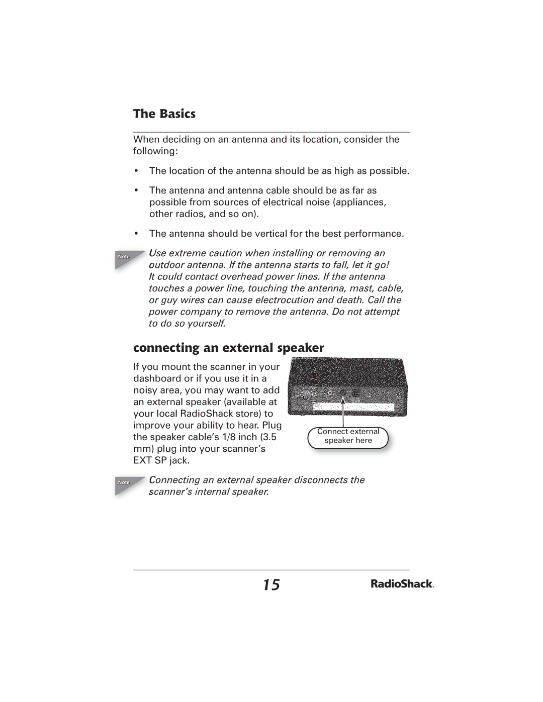 Radio Shack 20-426 manual Connecting an external speaker, Use extreme caution when installing or removing an 