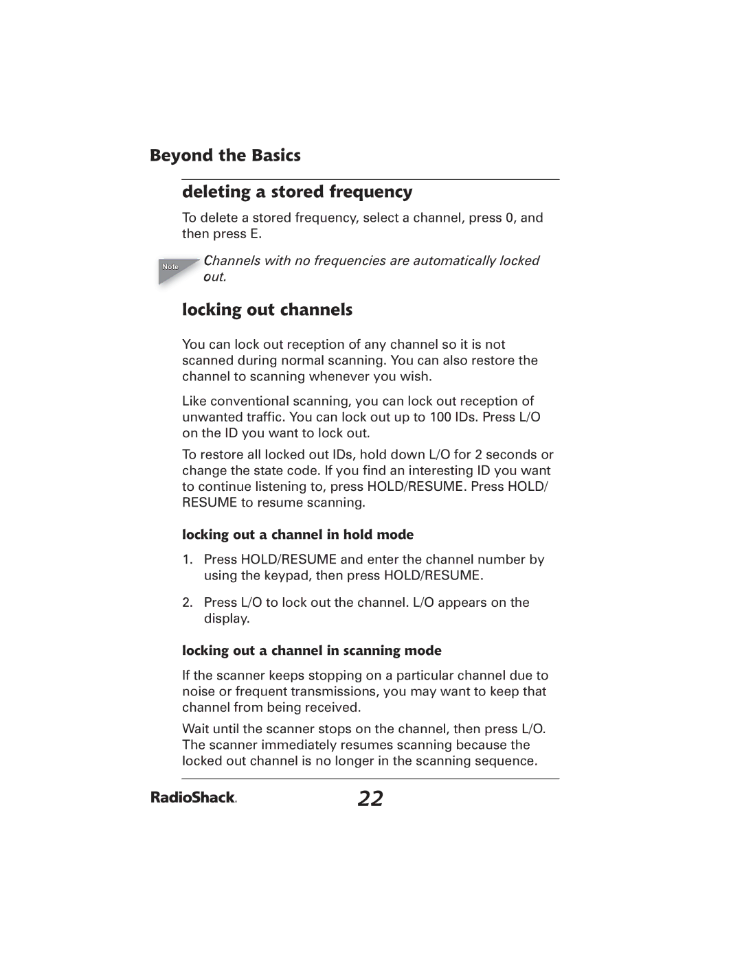 Radio Shack 20-426 Beyond the Basics Deleting a stored frequency, Locking out channels, Locking out a channel in hold mode 