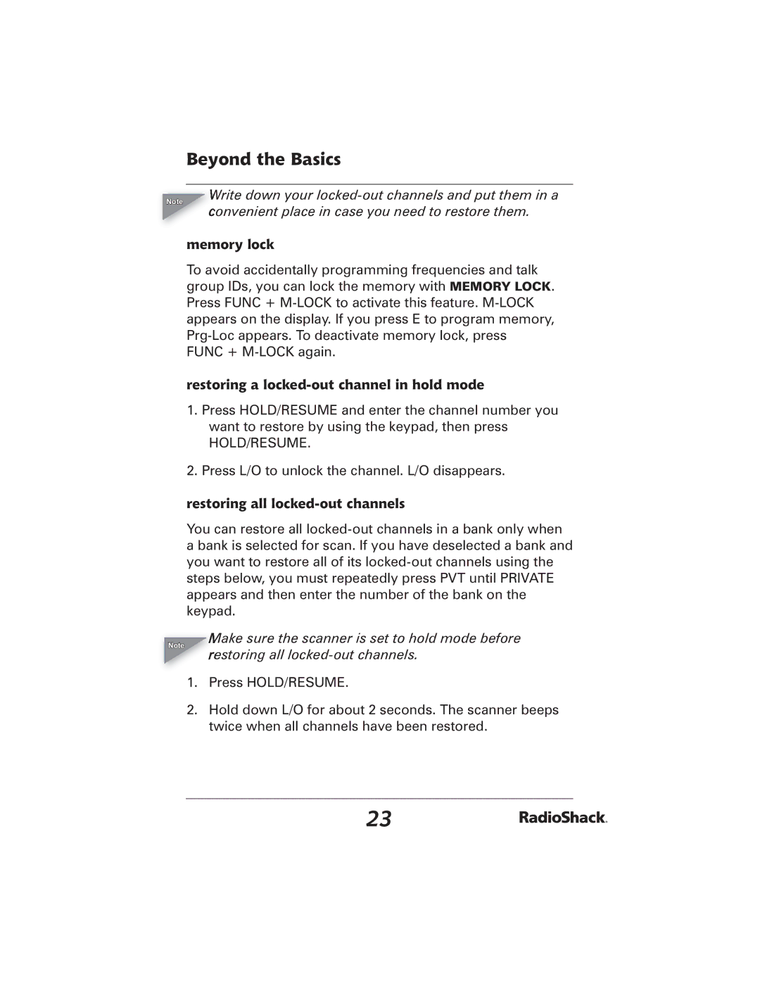 Radio Shack 20-426 manual Memory lock, Restoring a locked-out channel in hold mode, Restoring all locked-out channels 