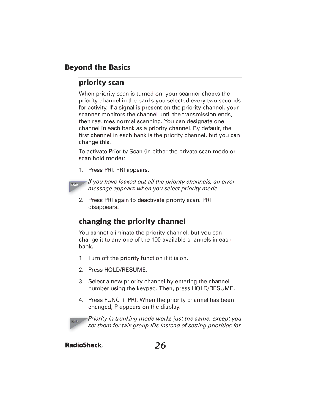 Radio Shack 20-426 manual Beyond the Basics Priority scan, Changing the priority channel 