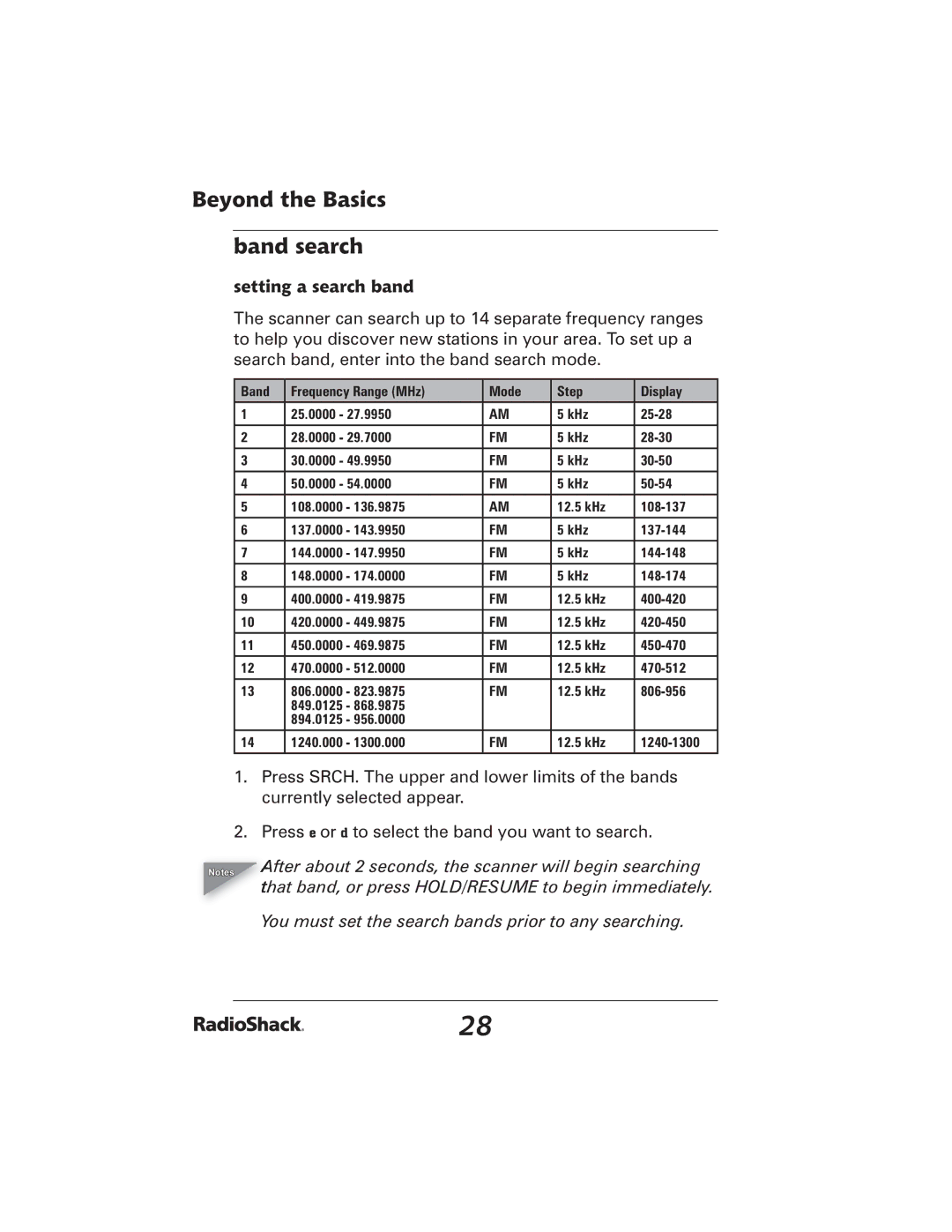 Radio Shack 20-426 manual Beyond the Basics Band search, Setting a search band 