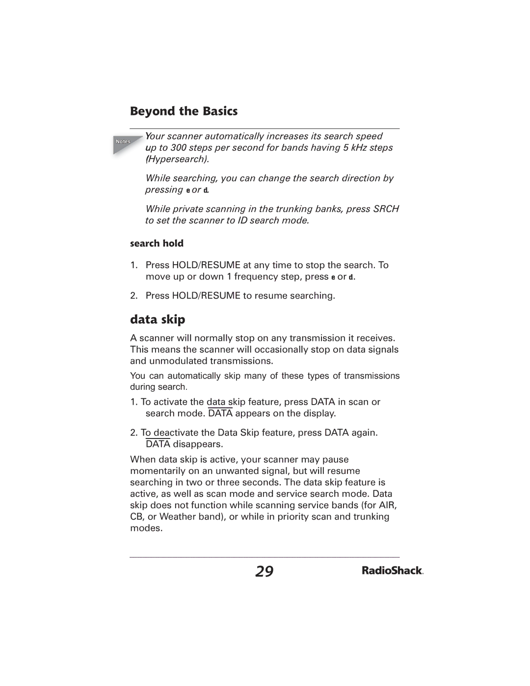 Radio Shack 20-426 manual Data skip, Search hold 