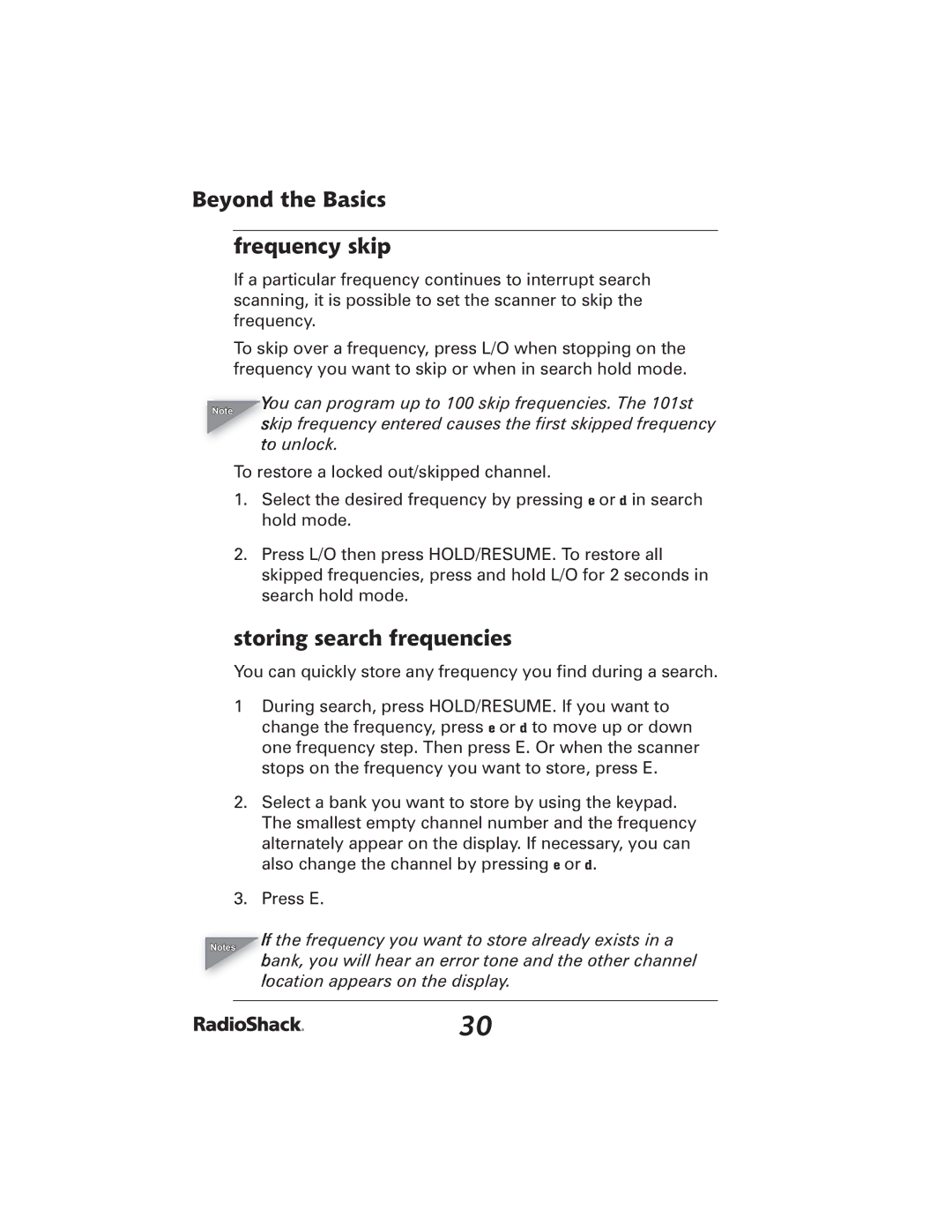 Radio Shack 20-426 manual Beyond the Basics Frequency skip, Storing search frequencies 