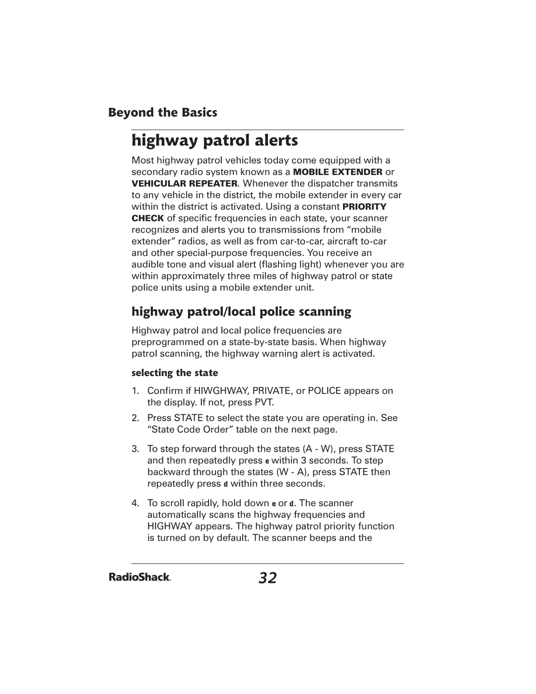 Radio Shack 20-426 manual Highway patrol alerts, Highway patrol/local police scanning, Selecting the state 