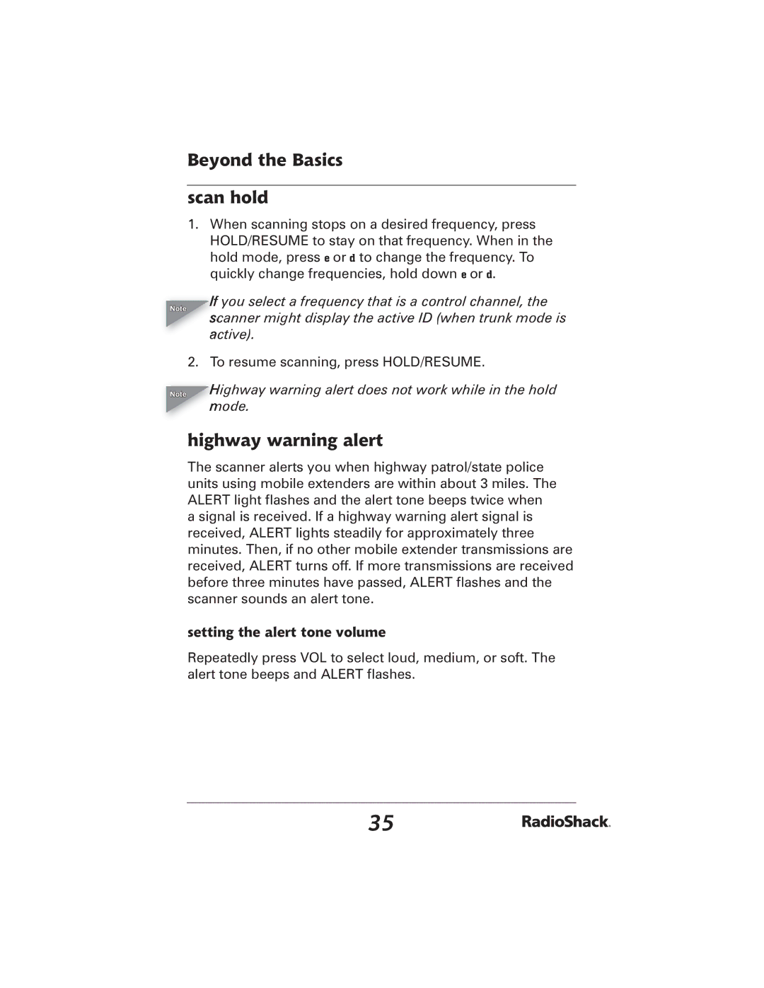 Radio Shack 20-426 manual Beyond the Basics Scan hold, Highway warning alert, Setting the alert tone volume 