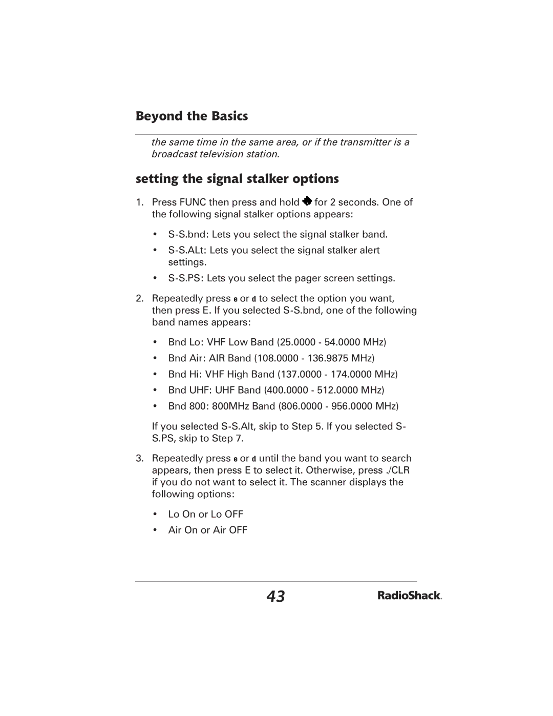 Radio Shack 20-426 manual Setting the signal stalker options 