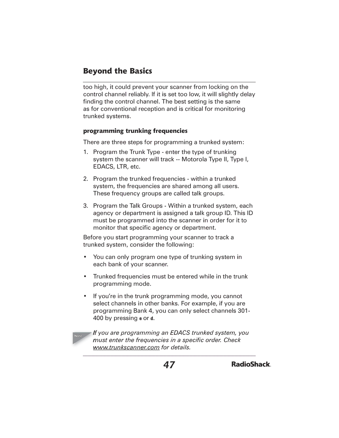 Radio Shack 20-426 manual Programming trunking frequencies 