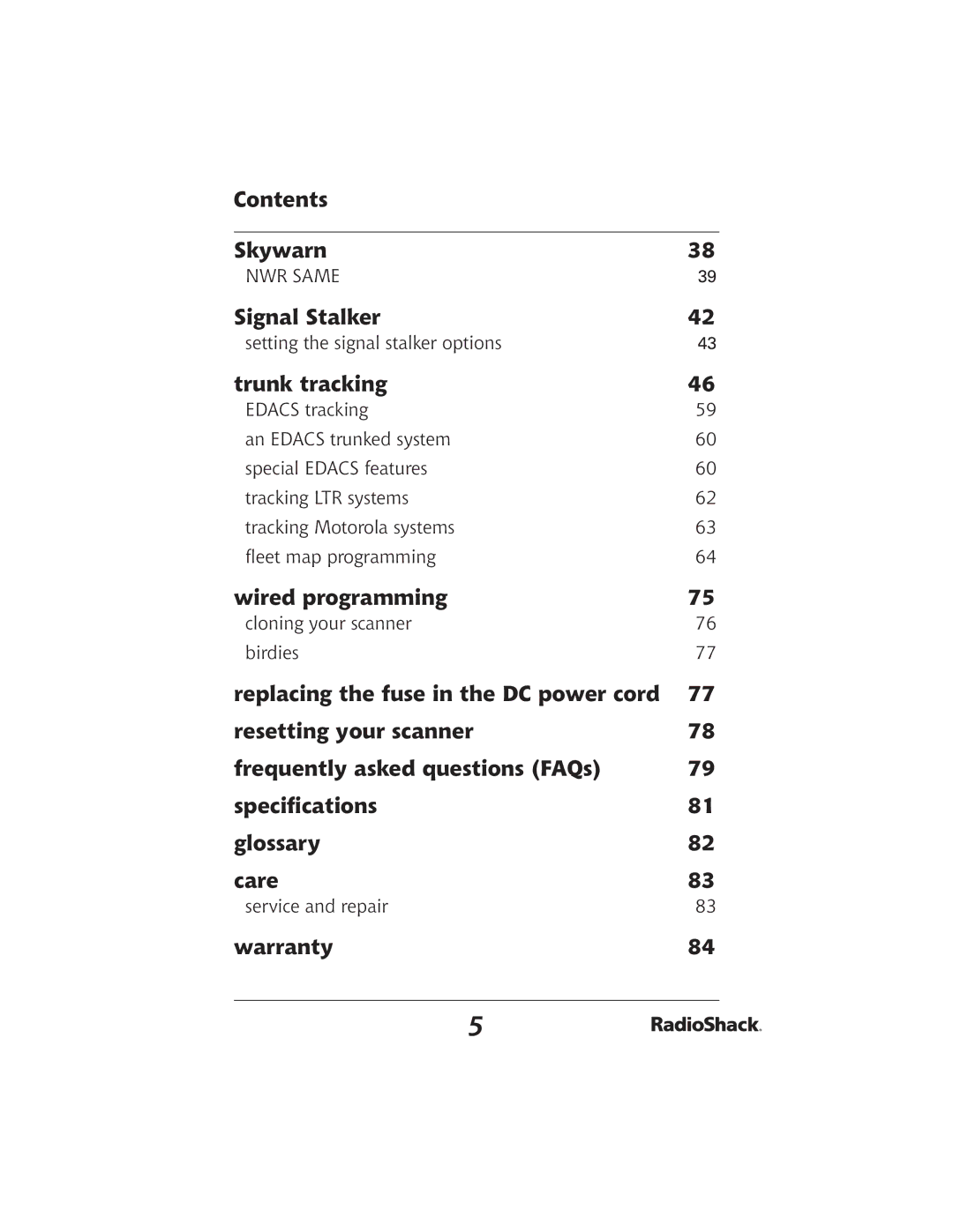 Radio Shack 20-426 manual Contents Skywarn, Signal Stalker, Trunk tracking, Wired programming, Warranty 