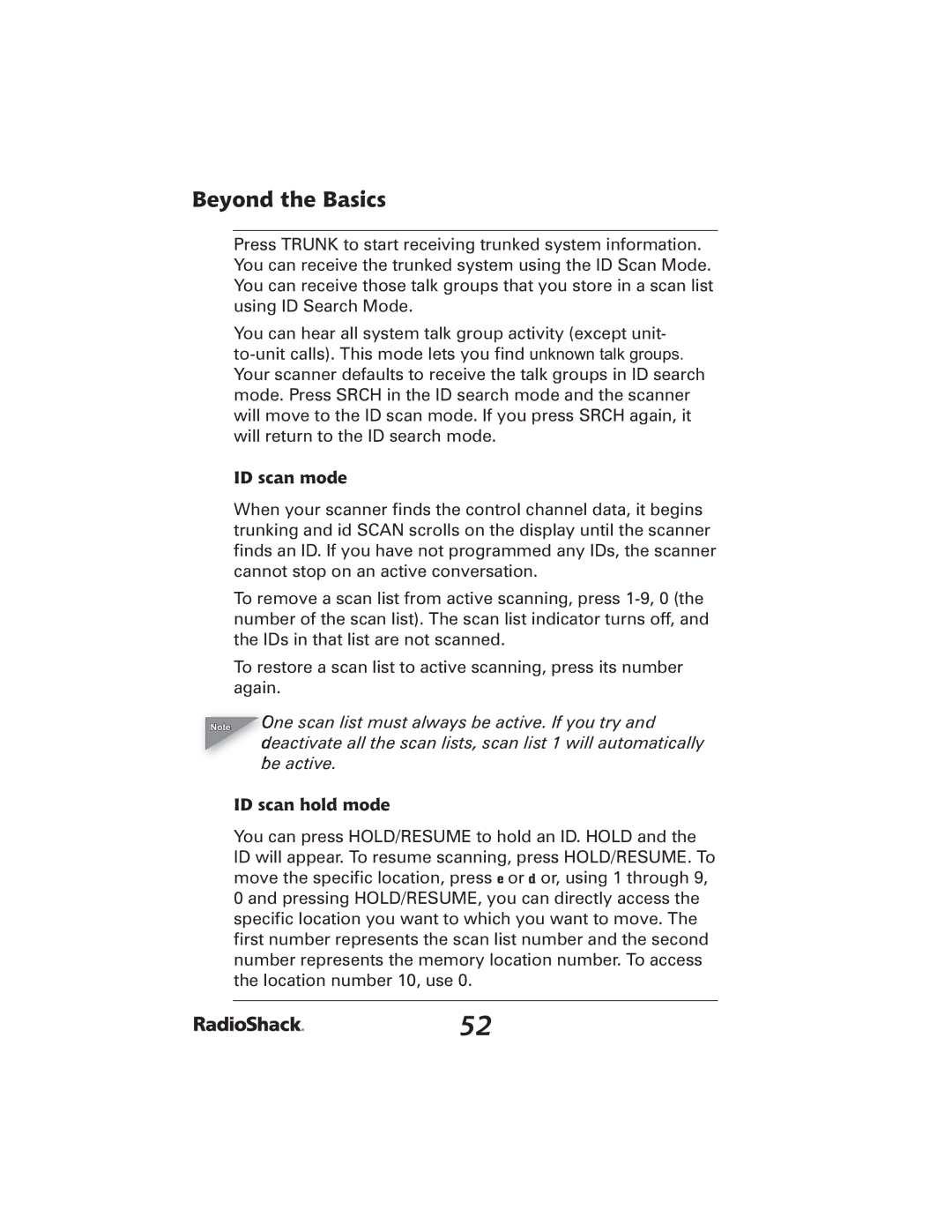 Radio Shack 20-426 manual ID scan mode, ID scan hold mode 