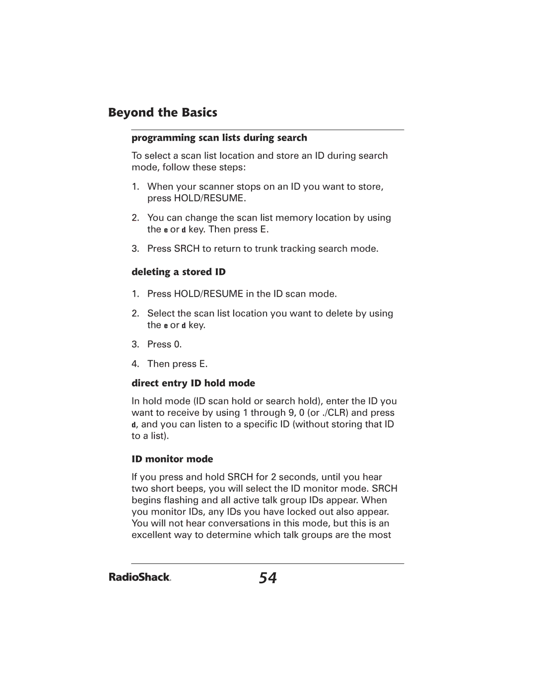 Radio Shack 20-426 manual Programming scan lists during search, Deleting a stored ID, ID monitor mode 