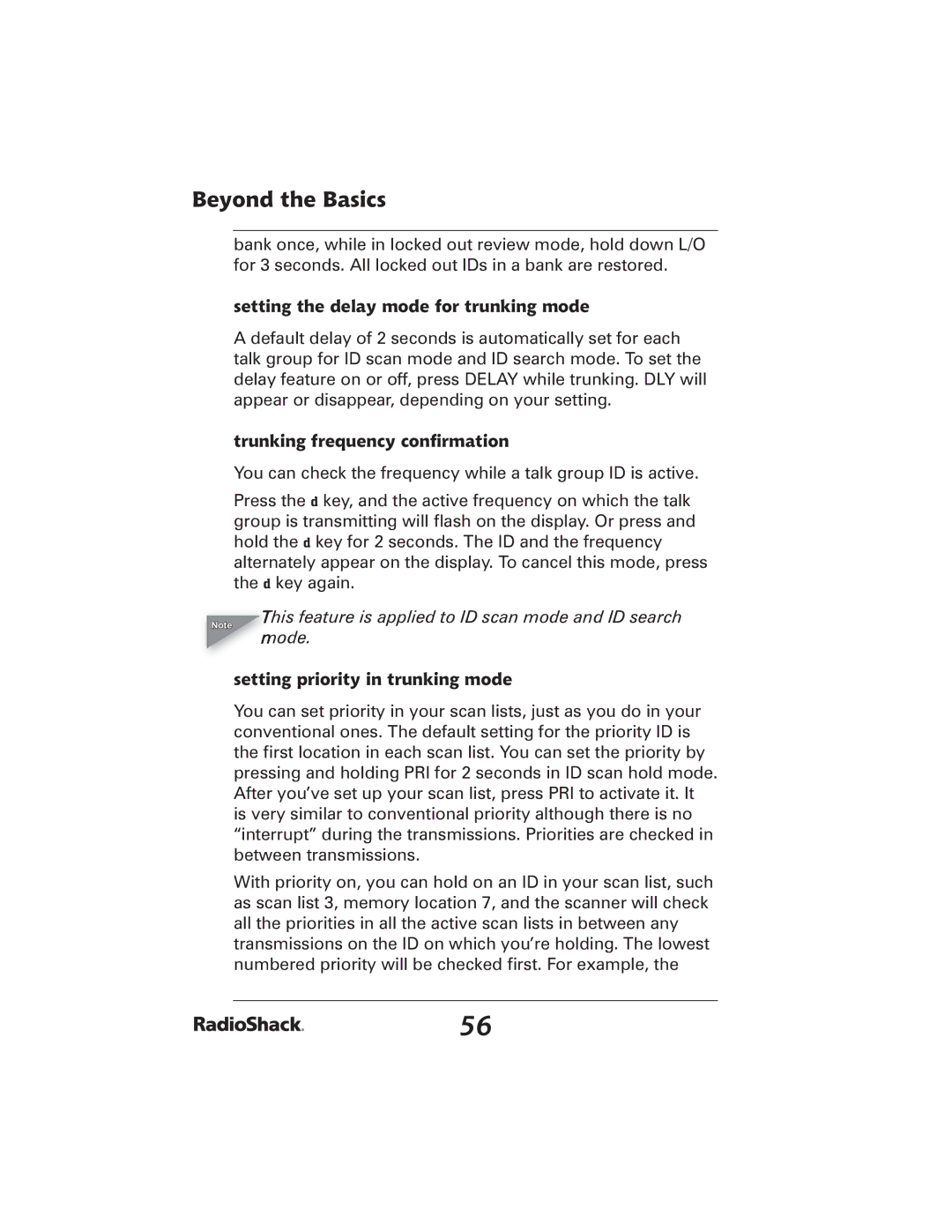 Radio Shack 20-426 manual Setting the delay mode for trunking mode, Trunking frequency conﬁrmation 