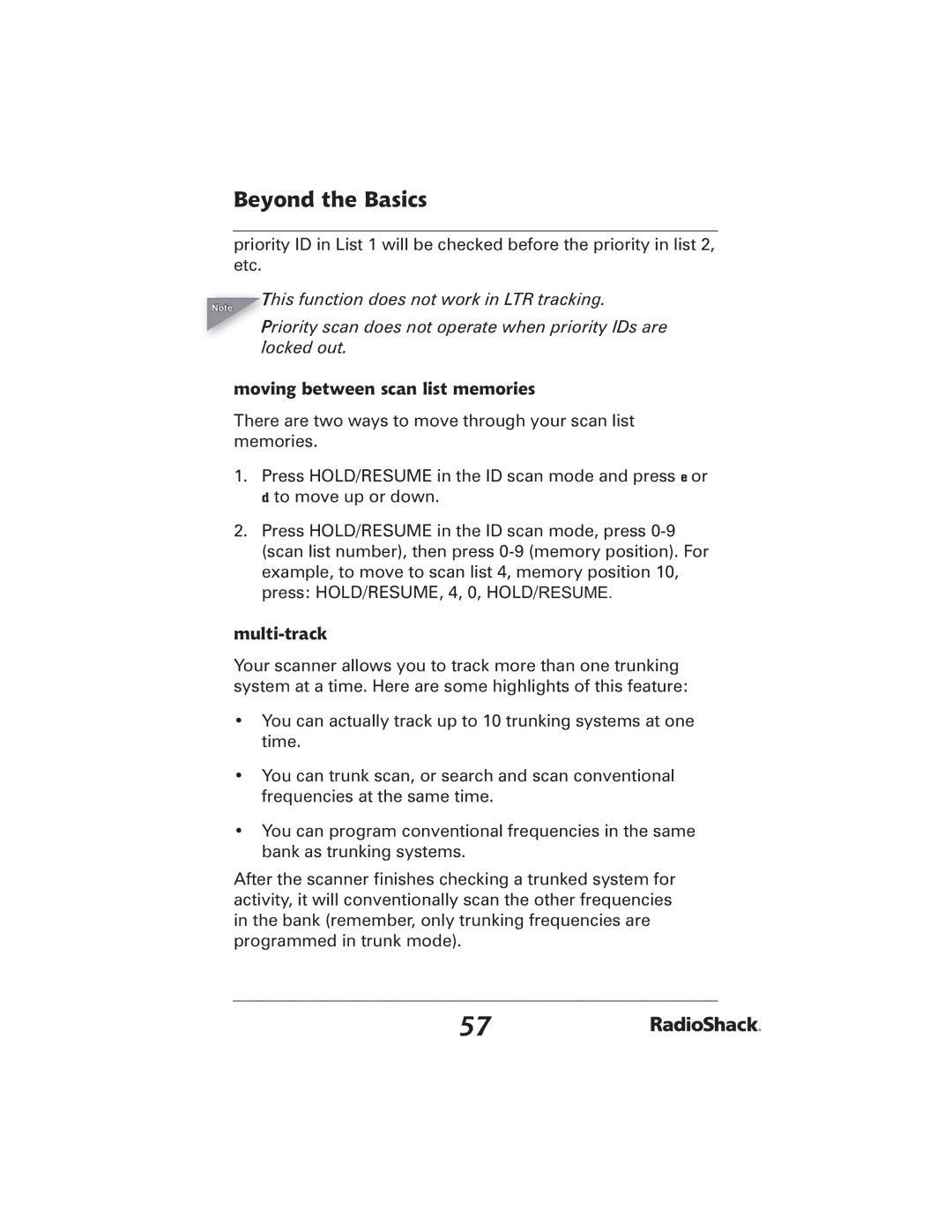 Radio Shack 20-426 manual Moving between scan list memories, Multi-track 