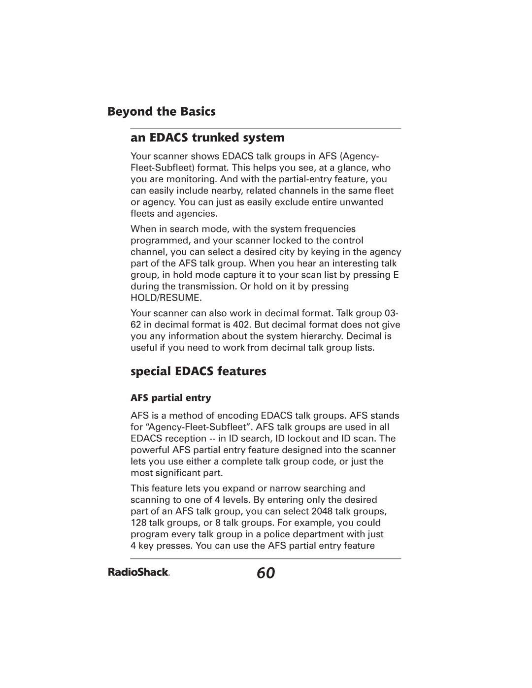 Radio Shack 20-426 manual Beyond the Basics An Edacs trunked system, Special Edacs features, AFS partial entry 