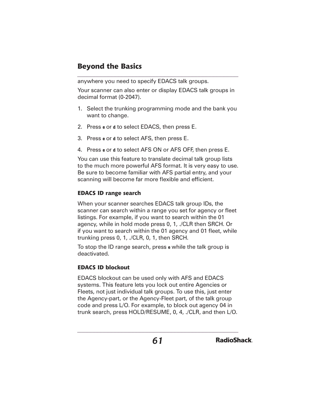 Radio Shack 20-426 manual Edacs ID range search, Edacs ID blockout 