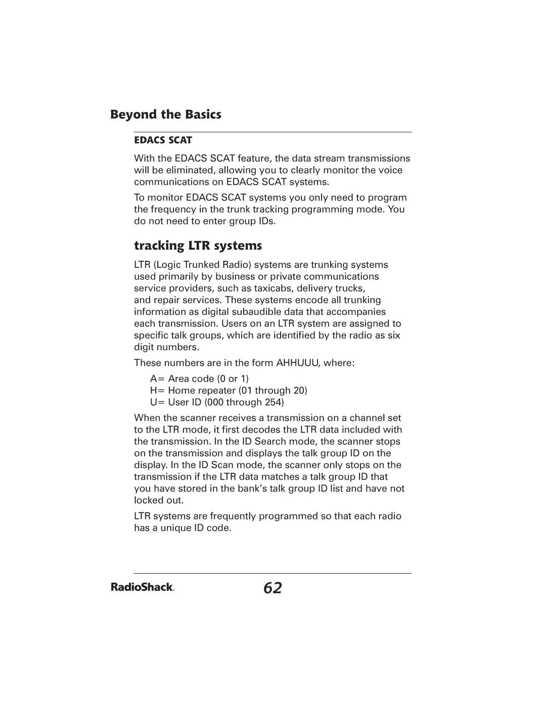 Radio Shack 20-426 manual Tracking LTR systems, Edacs Scat 