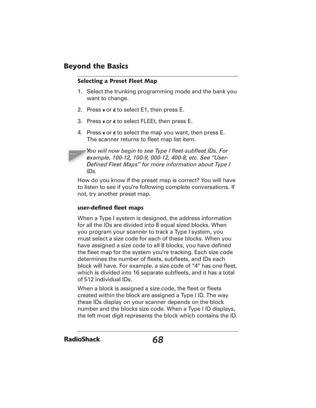 Radio Shack 20-426 manual Selecting a Preset Fleet Map, User-deﬁned ﬂeet maps 