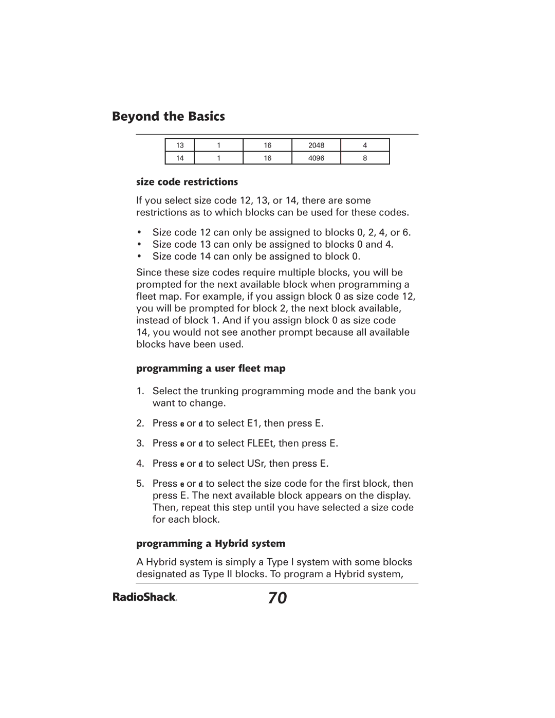 Radio Shack 20-426 manual Size code restrictions, Programming a user ﬂeet map, Programming a Hybrid system 