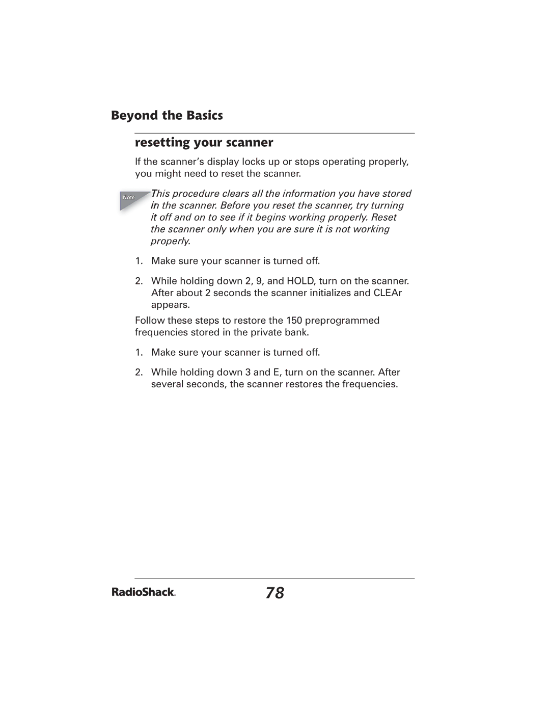 Radio Shack 20-426 manual Beyond the Basics Resetting your scanner, Properly 