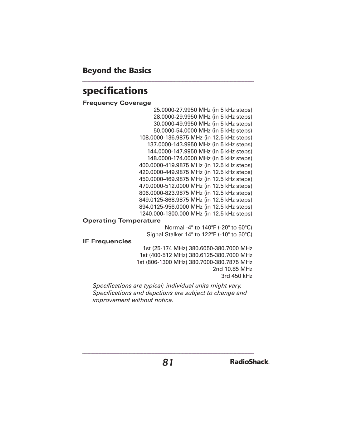 Radio Shack 20-426 manual Speciﬁcations, If Frequencies 