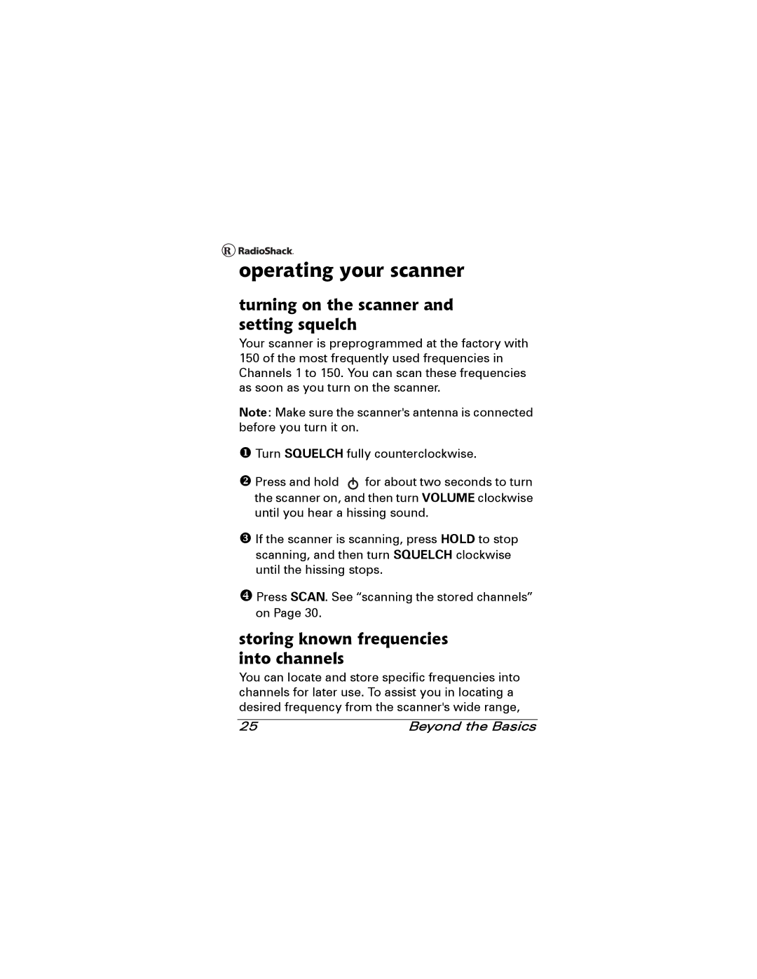 Radio Shack 20-501 manual Operating your scanner, Turning on the scanner and setting squelch 