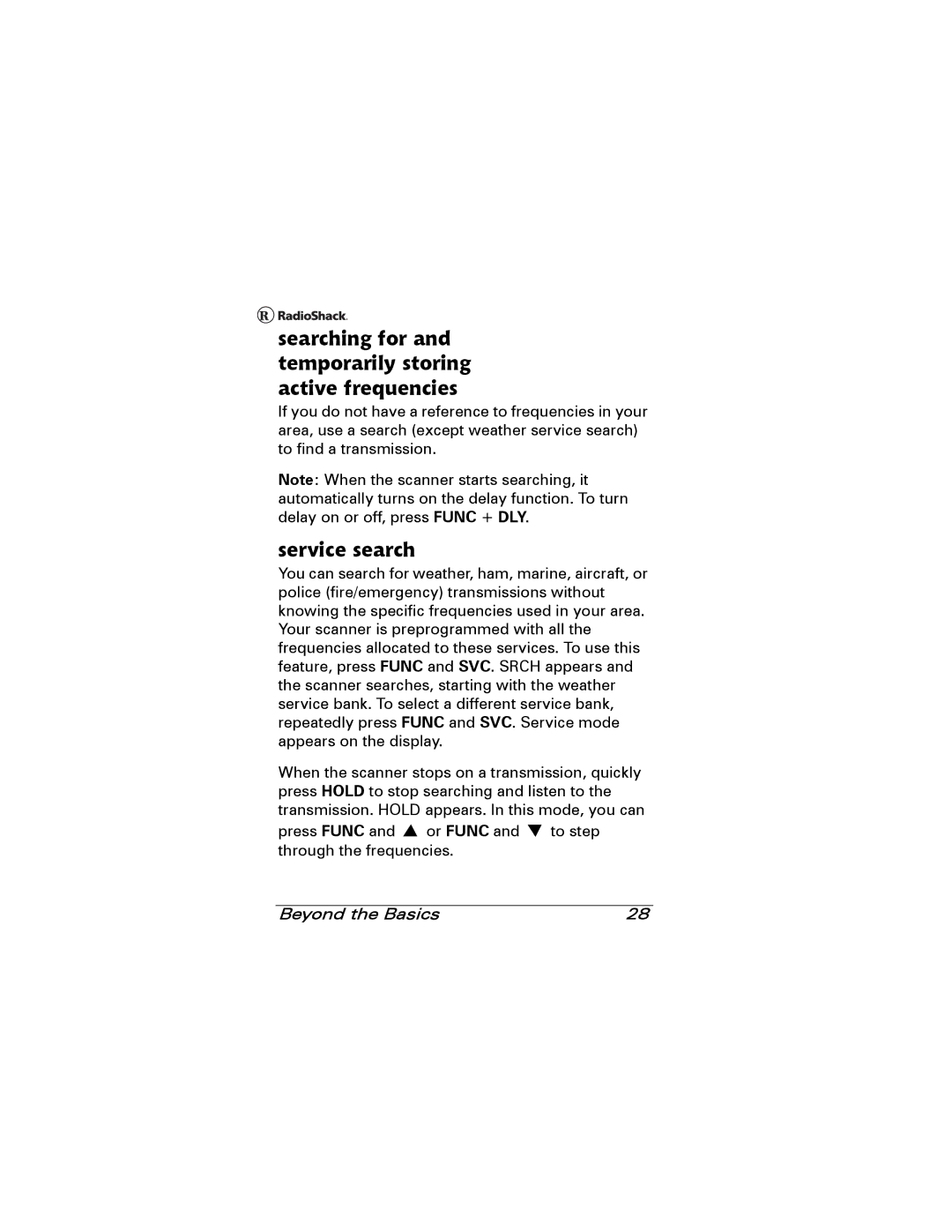 Radio Shack 20-501 manual Searching for and temporarily storing active frequencies, Service search 