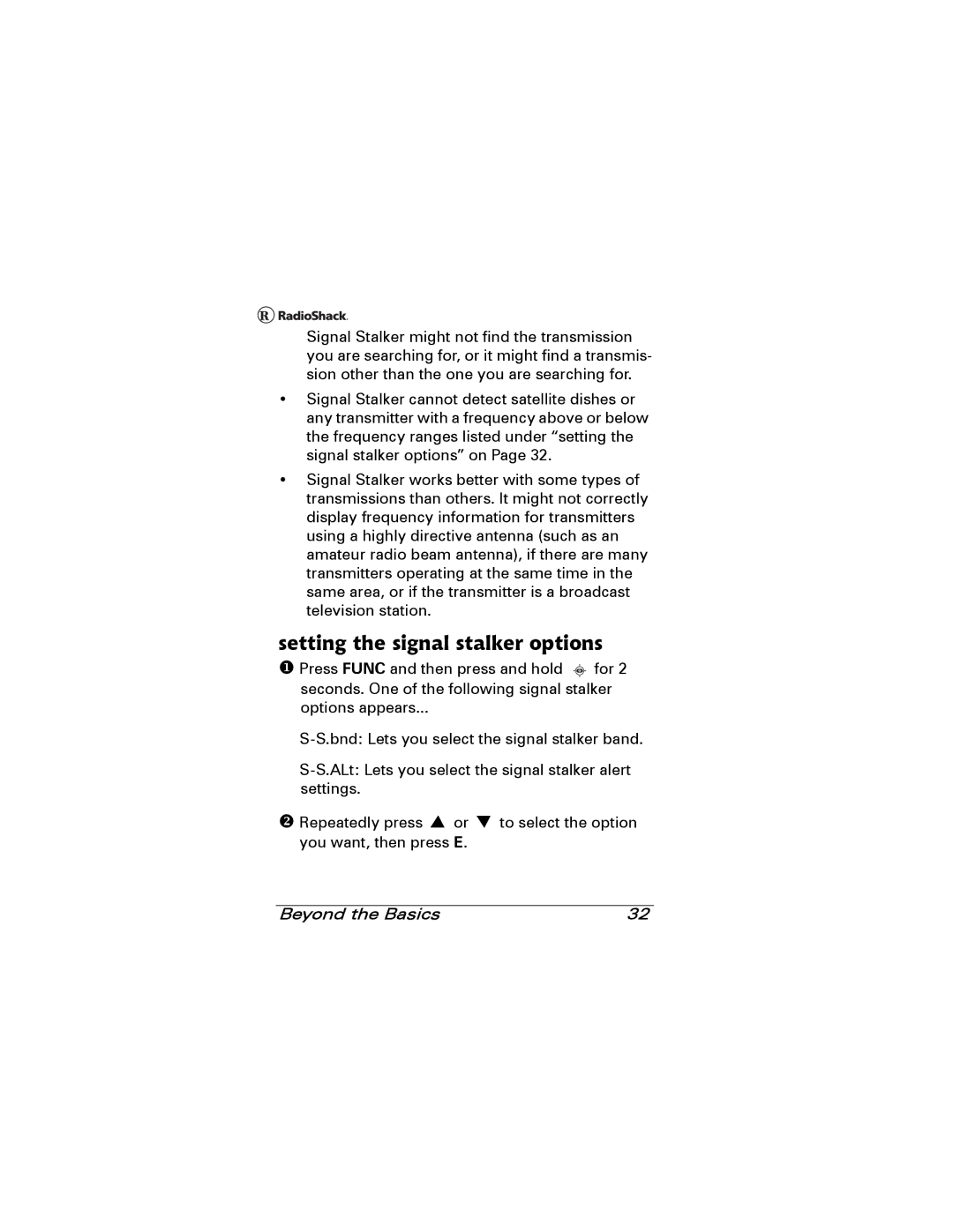 Radio Shack 20-501 manual Setting the signal stalker options 