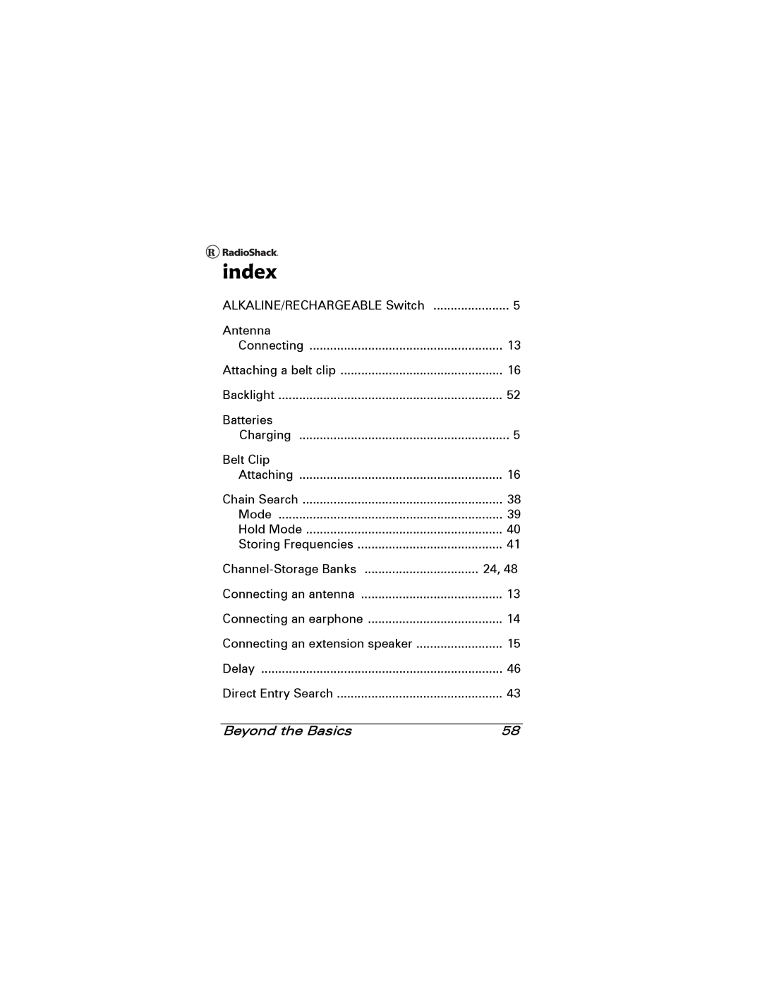 Radio Shack 20-501 manual Index, Belt Clip 