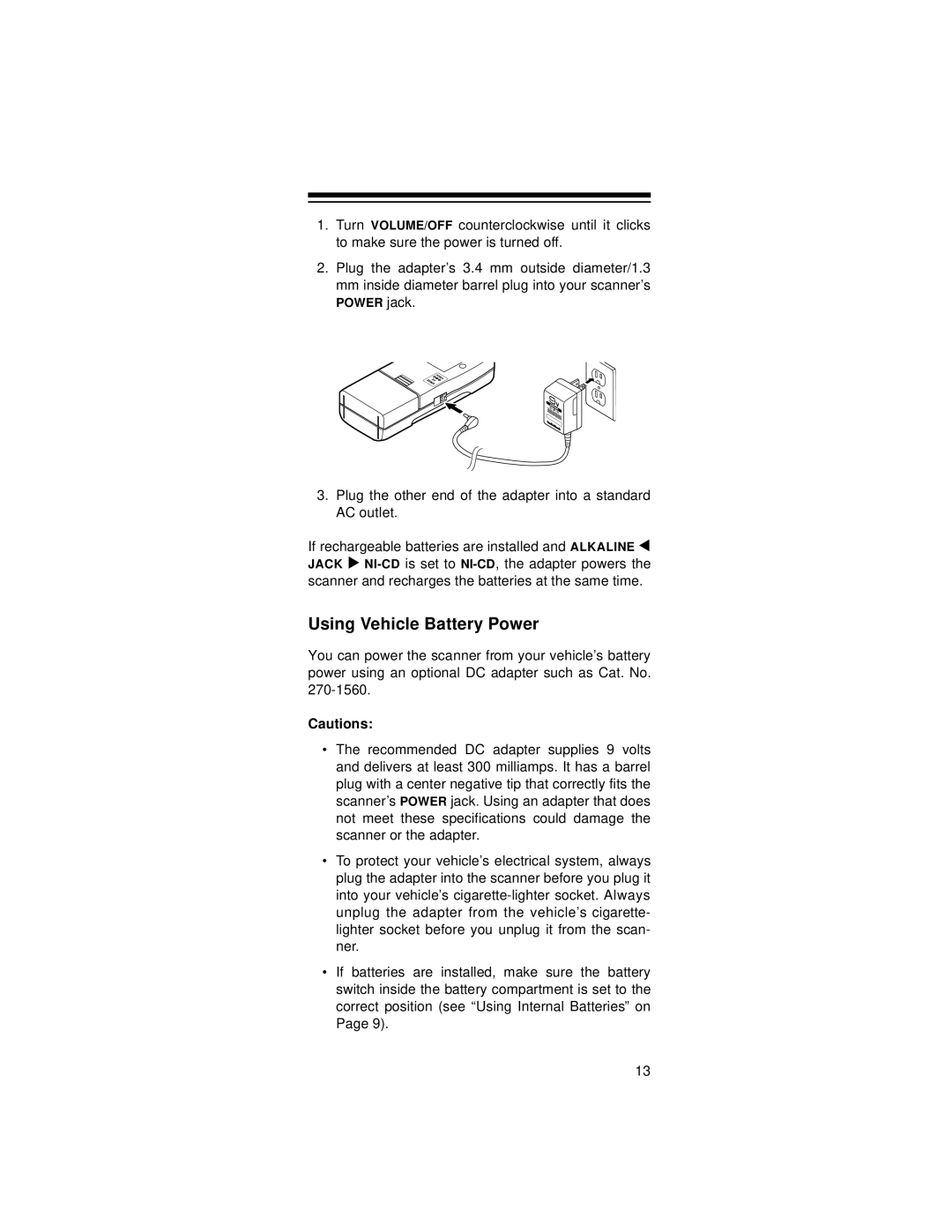 Radio Shack 20-521 owner manual Using Vehicle Battery Power 