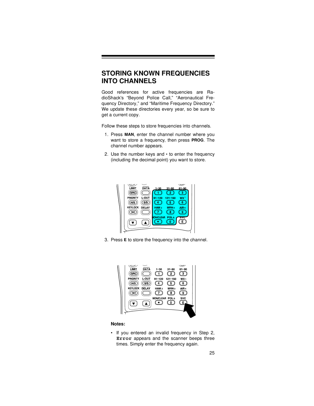 Radio Shack 20-521 owner manual Storing Known Frequencies Into Channels 