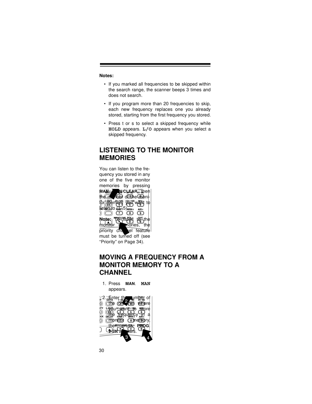 Radio Shack 20-521 owner manual Listening to the Monitor Memories, Moving a Frequency from a Monitor Memory to a Channel 