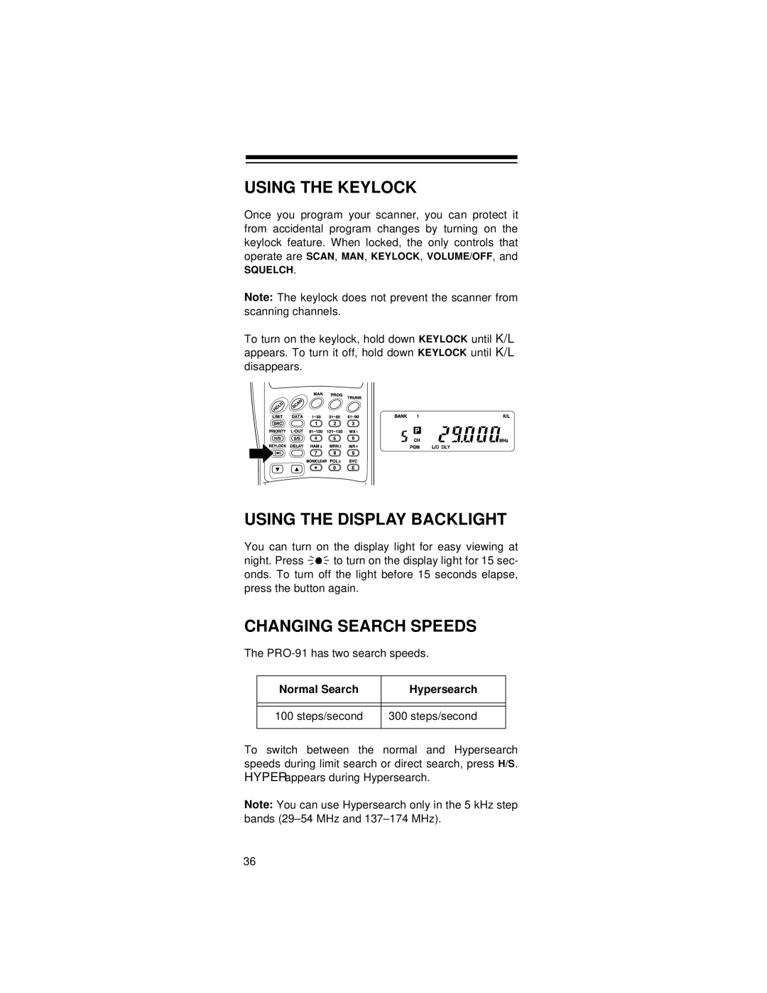 Radio Shack 20-521 Using the Keylock, Using the Display Backlight, Changing Search Speeds, Normal Search Hypersearch 