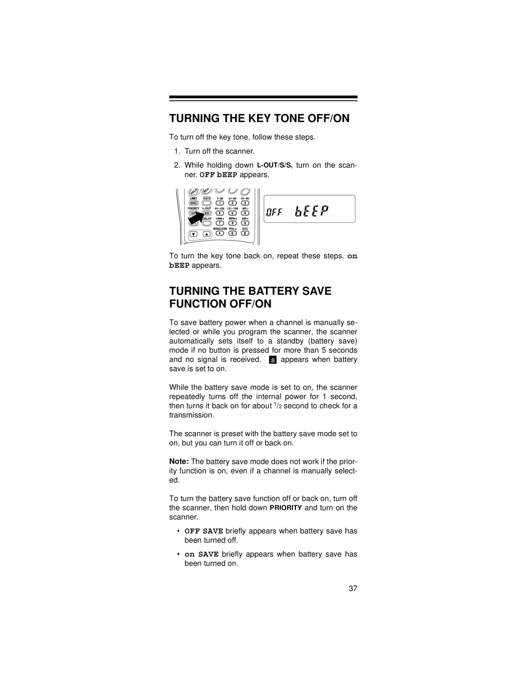 Radio Shack 20-521 owner manual Turning the KEY Tone OFF/ON, Turning the Battery Save Function OFF/ON 