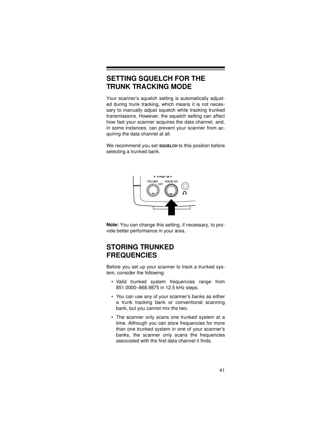 Radio Shack 20-521 owner manual Setting Squelch for the Trunk Tracking Mode, Storing Trunked Frequencies 