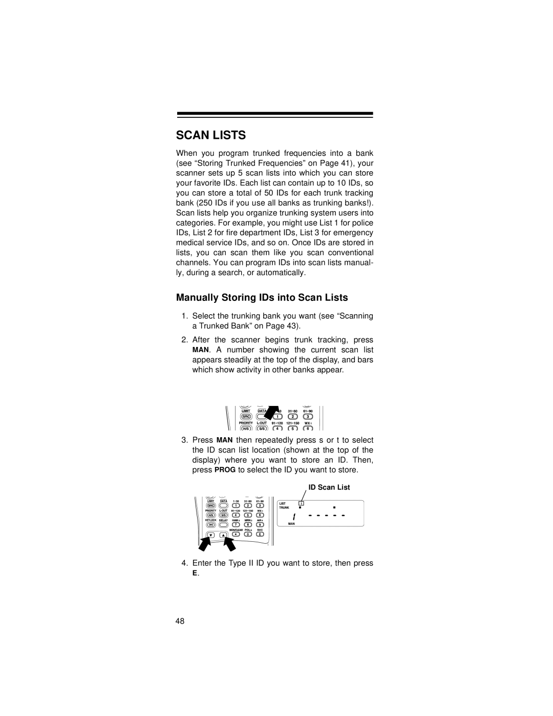 Radio Shack 20-521 owner manual Manually Storing IDs into Scan Lists 