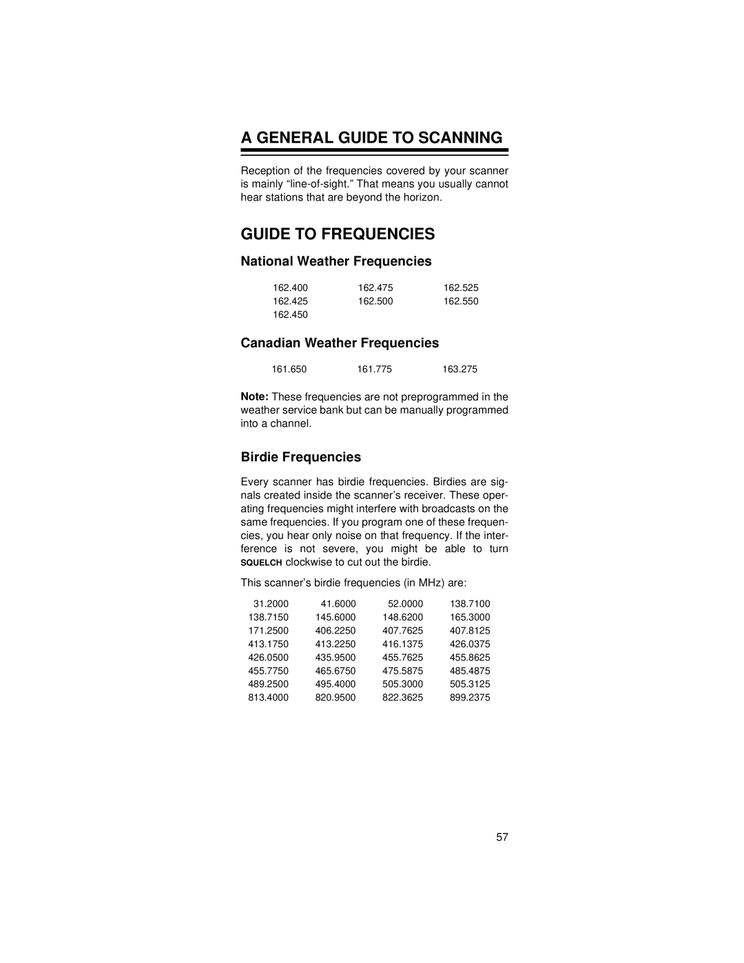 Radio Shack 20-521 General Guide to Scanning, Guide to Frequencies, National Weather Frequencies, Birdie Frequencies 