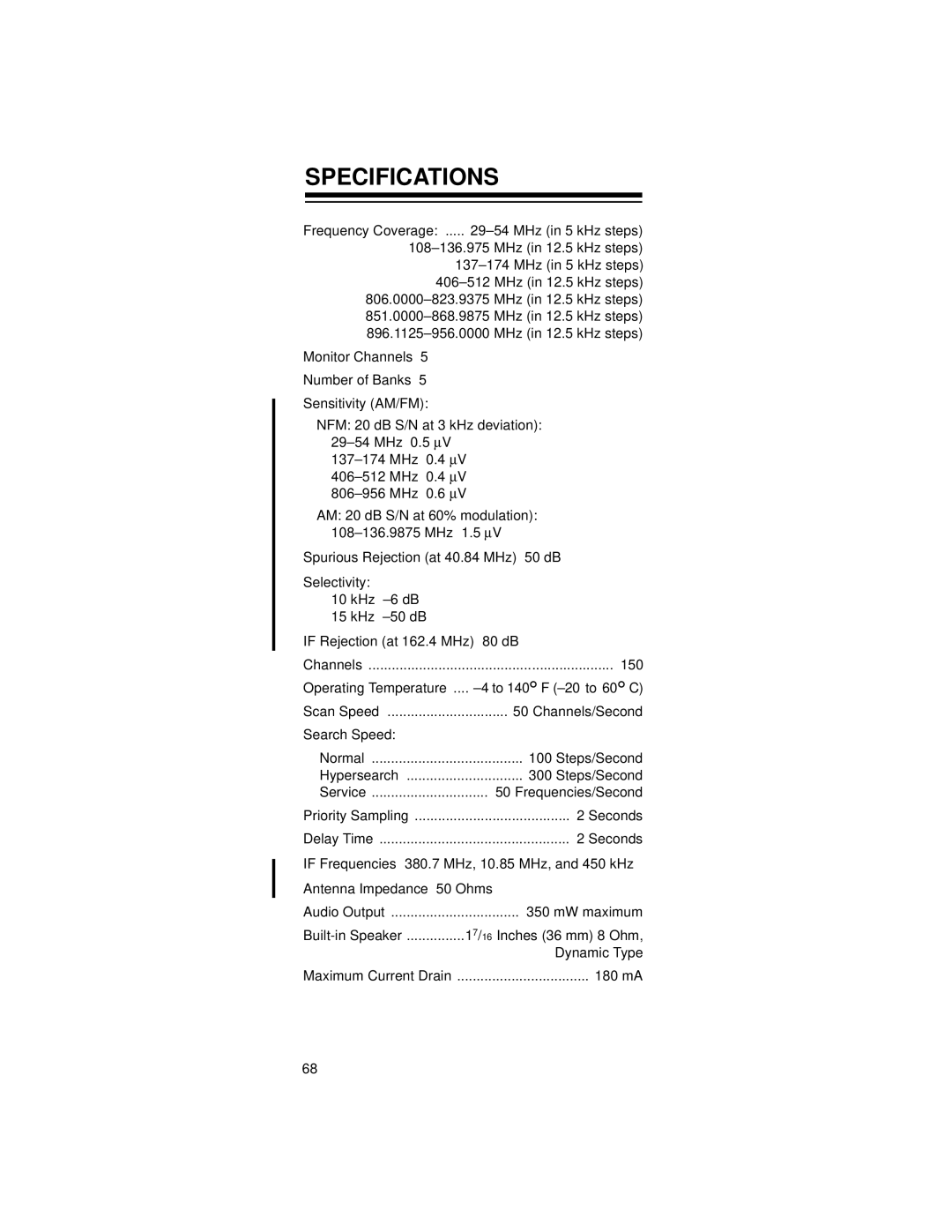 Radio Shack 20-521 owner manual Specifications 