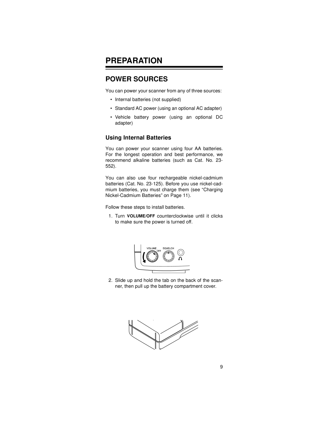 Radio Shack 20-521 owner manual Preparation, Power Sources, Using Internal Batteries 