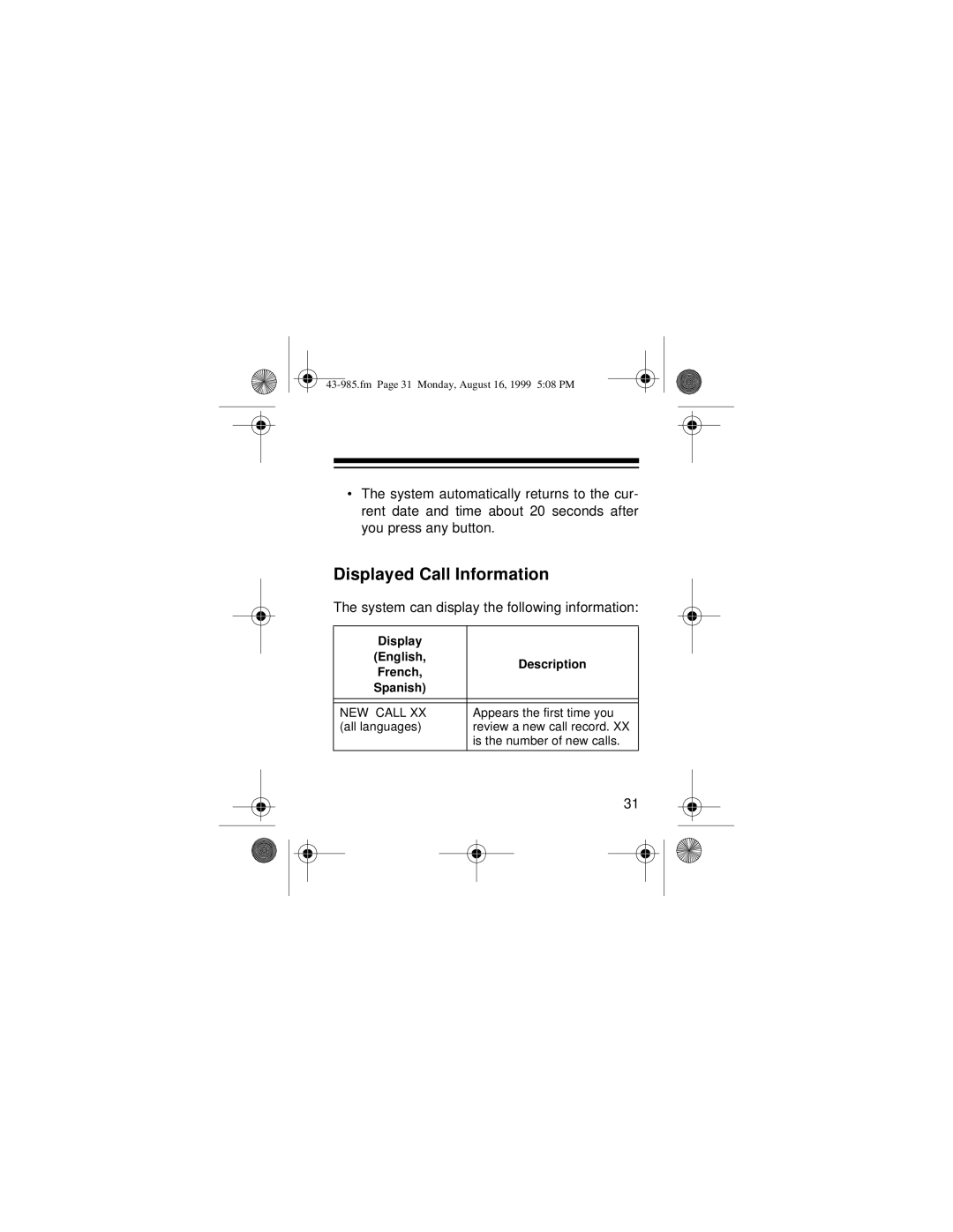 Radio Shack 200 owner manual Displayed Call Information, System can display the following information 