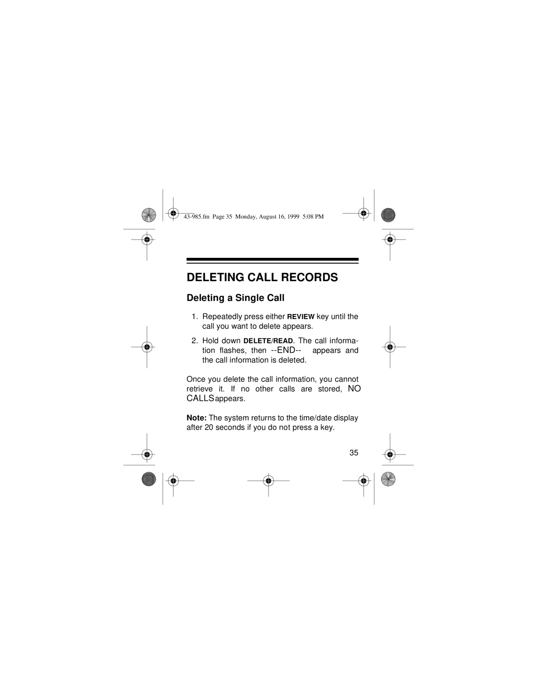 Radio Shack 200 owner manual Deleting Call Records, Deleting a Single Call 