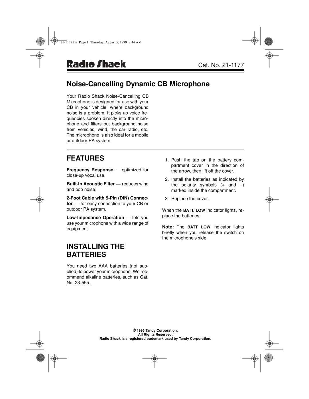 Radio Shack 21-1177 manual Features, Installing Batteries 