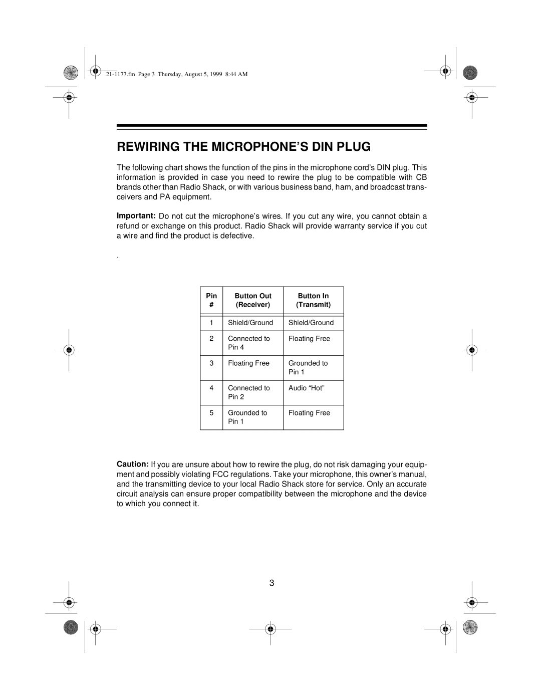 Radio Shack 21-1177 manual Rewiring the MICROPHONE’S DIN Plug, Pin Button Out Receiver Transmit 
