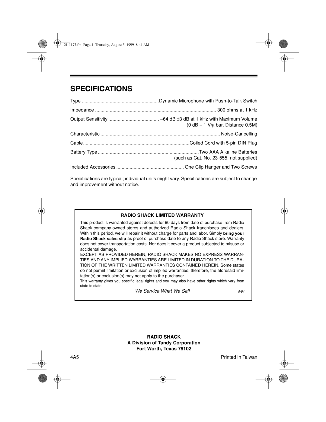 Radio Shack 21-1177 manual Specifications, Radio Shack Limited Warranty 