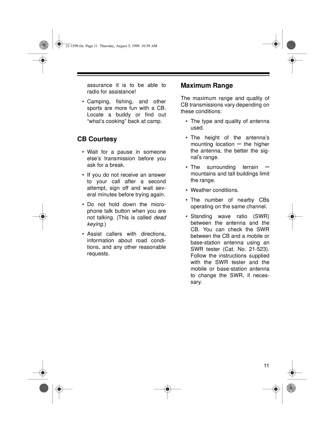 Radio Shack 21-1599 owner manual CB Courtesy, Maximum Range 