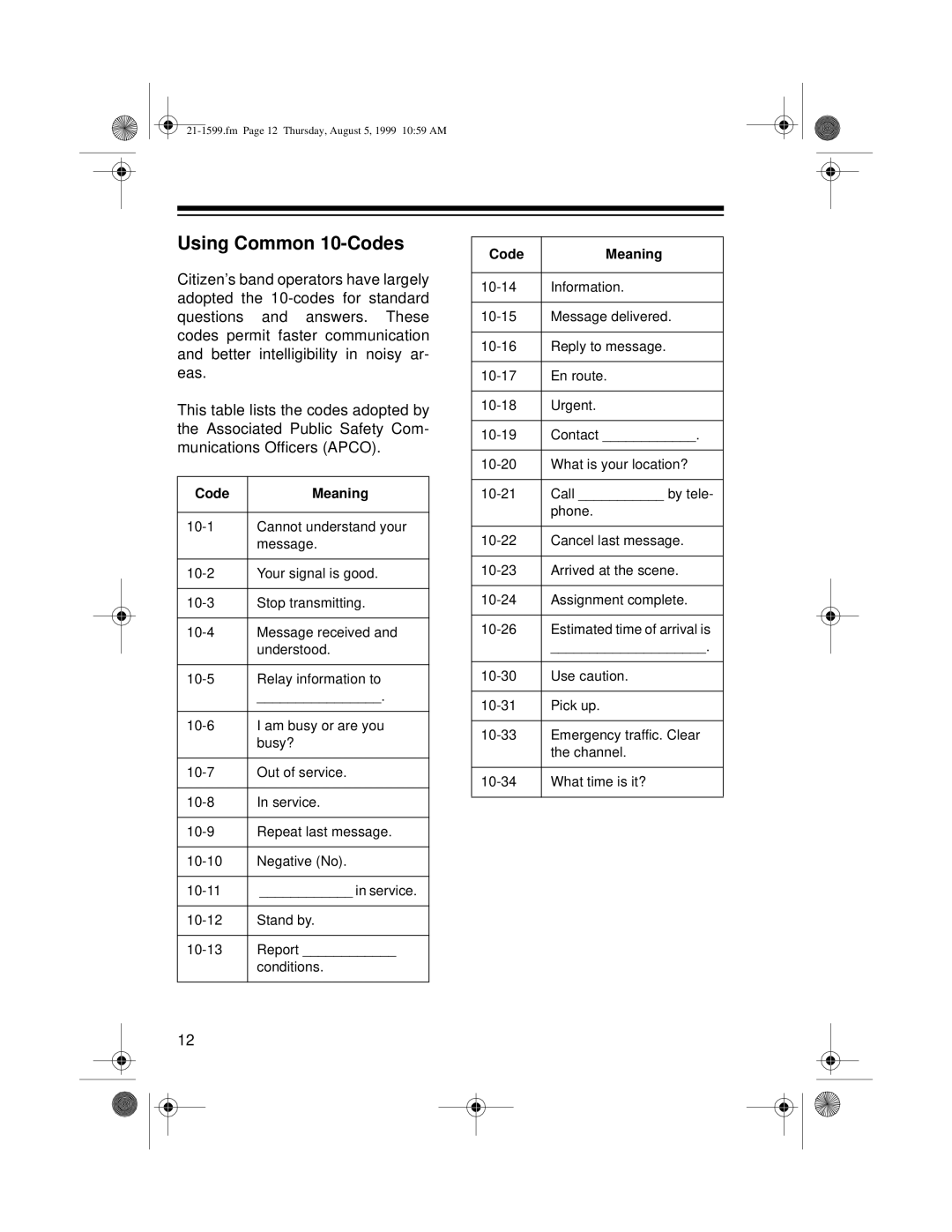 Radio Shack 21-1599 owner manual Using Common 10-Codes, Code Meaning 