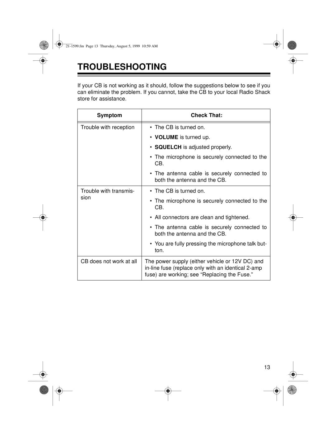 Radio Shack 21-1599 owner manual Troubleshooting, Symptom Check That 